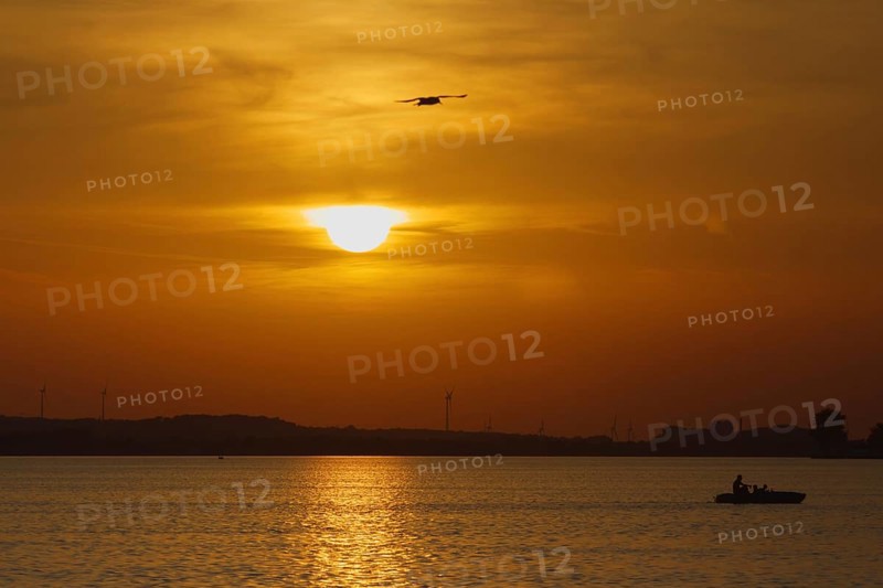 A boat sails across the lake, Steinhude, Steinhuder Meer during a glowing sunset