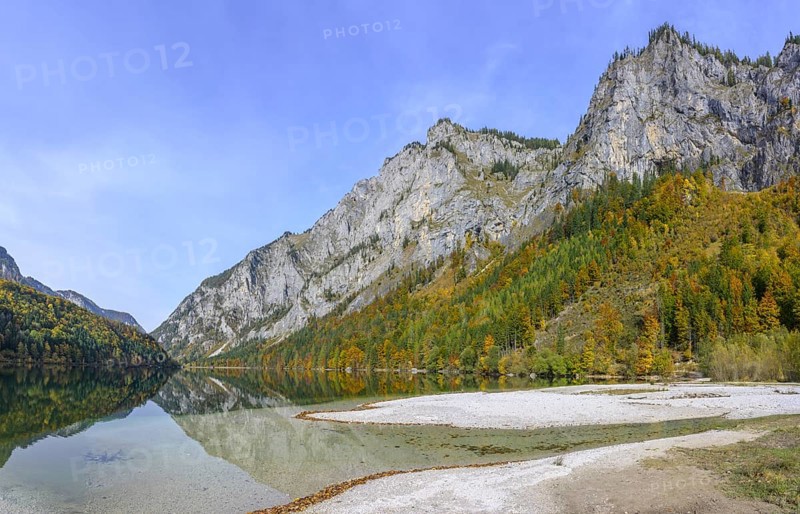Gravel area and autumn forest at Leopoldsteinersee, Eisenerz, Styria, Austria