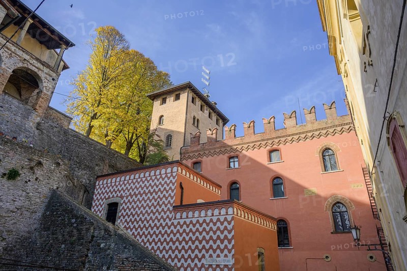 Colourfully painted house in the old town, Castell'Arquato, Piacenza province, Italy