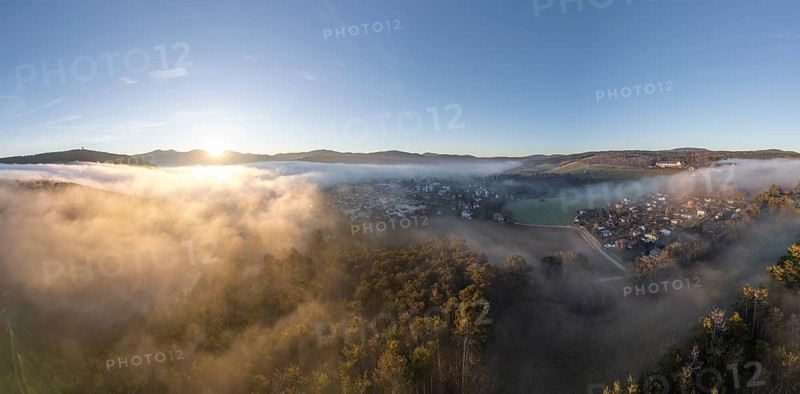 Aerial view of fog over the city, Berndorf, Lower Austria, Austria