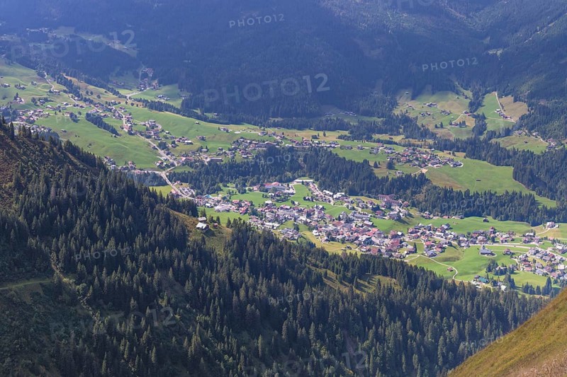 Panorama from the Fellhorn mountain trail, 2037 m, to Söllereck, 1706 m, to Mittelberg in Kleinwalsertal, Allgäu, Vorarlberg, Austria