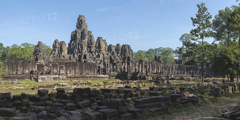 Panoramic picture of the south side of Bayon Temple, with huge stone-carved faces of Bodhisattva Lokeshvara, also Avalokiteshvara, Angkor Thom, UNESCO World Heritage Site, Angkor Wat, Siem Reap, Cambodia