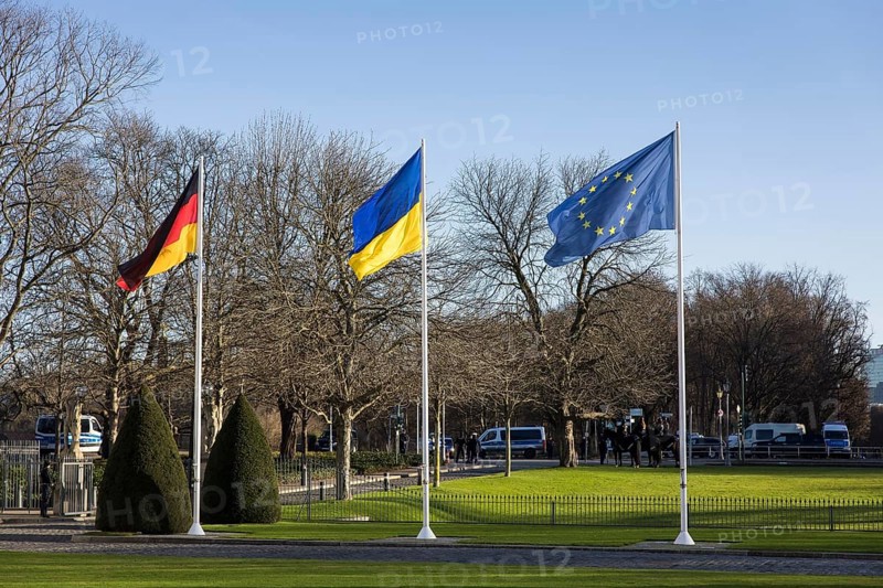 Flags of the Federal Republic of Germany, Ukraine and the European Union during the visit of Volodymyr Selensky (President of Ukraine) to Frank-Walter Steinmeier (President of the Federal Republic of Germany) at Bellevue Palace, 15 December 2025