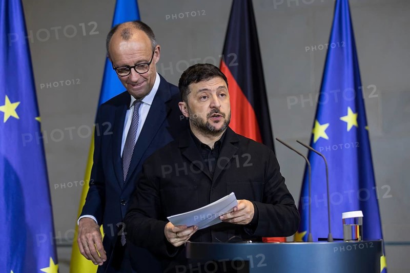 Volodymyr Zelensky (President of Ukraine) and Friedrich Merz (Chancellor of the Federal Republic of Germany) leave the press conference at the Federal Chancellery after the 8th German-Ukrainian Economic Forum, 15.08.2025