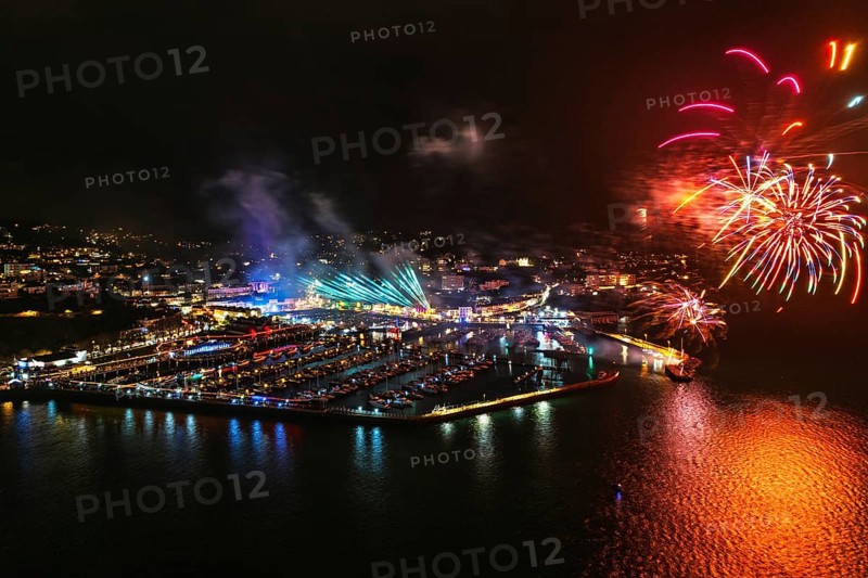 Bay of Lights Illumination Trail Fireworks over Torquay Horbour from a drone, Torbay, Devon, England, United Kingdom