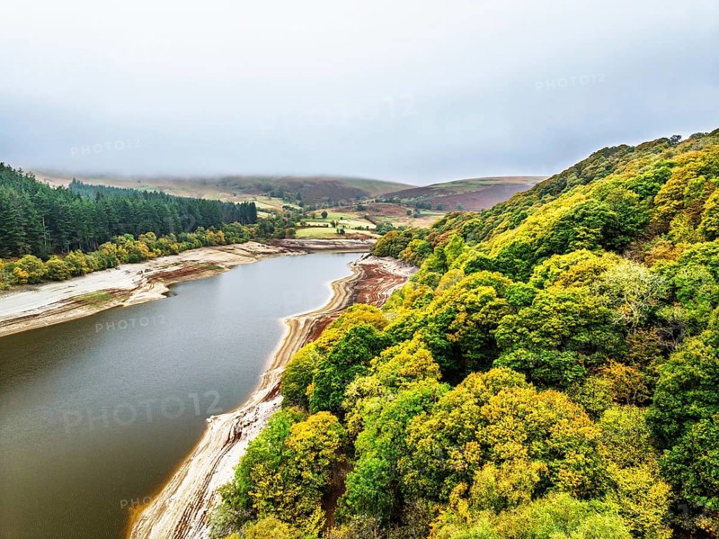 Pen y Garreg Dam and Reservoir from a drone, Elan Valley, Rhayader, Powys, Wales, UK
