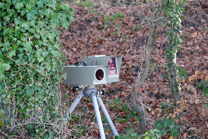 Radar meter, lightning system, traffic monitoring, speed control, speed shifter, A mobile radar system with photo camera is hidden between trees on the side of the road