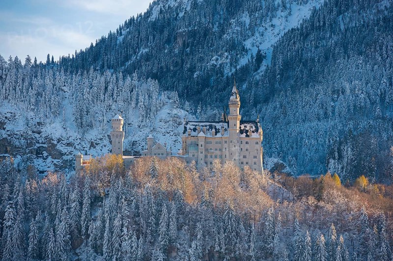 Historic Neuschwanstein Castle in winter, nestled in an idyllic, snow-covered mountain landscape, Schwangau, Ostallgäu, Allgäu, Bavaria, Germany