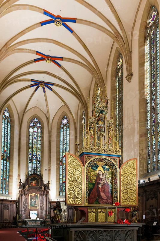 Famous medieval painting, Madonna in the Garden of Roses, by Martin Schongauer, Dominican Church, Église des Dominicains, Colmar, Haut-Rhin Department, Alsace, France