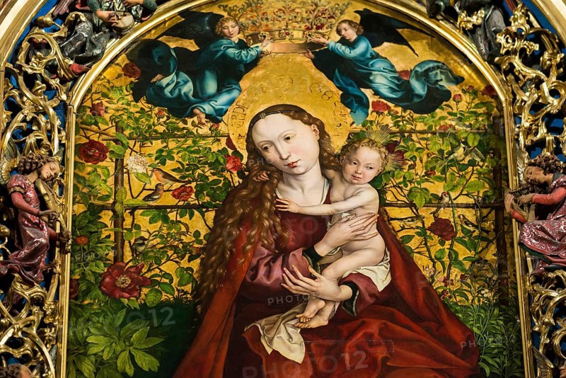 Famous medieval painting, Madonna in the Garden of Roses, by Martin Schongauer, Dominican Church, Église des Dominicains, Colmar, Haut-Rhin Department, Alsace, France