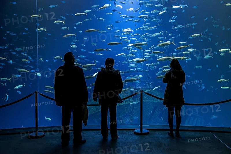 Visitors look at a huge aquarium in the Ozeaneum, Hanseatic City of Stralsund, Mecklenburg-Western Pomerania, Germany