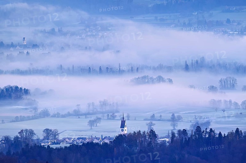Meadows and trees in the morning fog and the church in the foreground, Reusstal, Merenschwand, Canton of Aargau, Switzerland