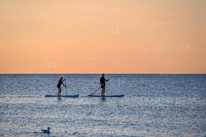 Stand-up paddling on the Baltic Sea in the evening, Ahrenshoop, Darß, Mecklenburg-Western Pomerania, Germany