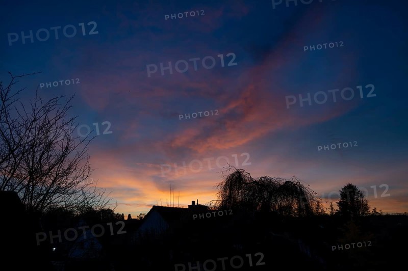 Evening sky with house and tree silhouettes, Eckental, Middle Franconia, Bavaria, Germany