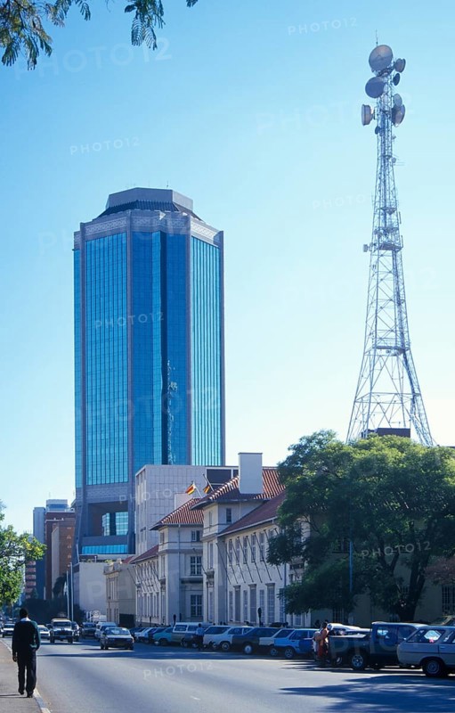 High-rise building and television tower in the city center of Harare, Zimbabwe, Africa, June 2000, vintage, retro, old, historic