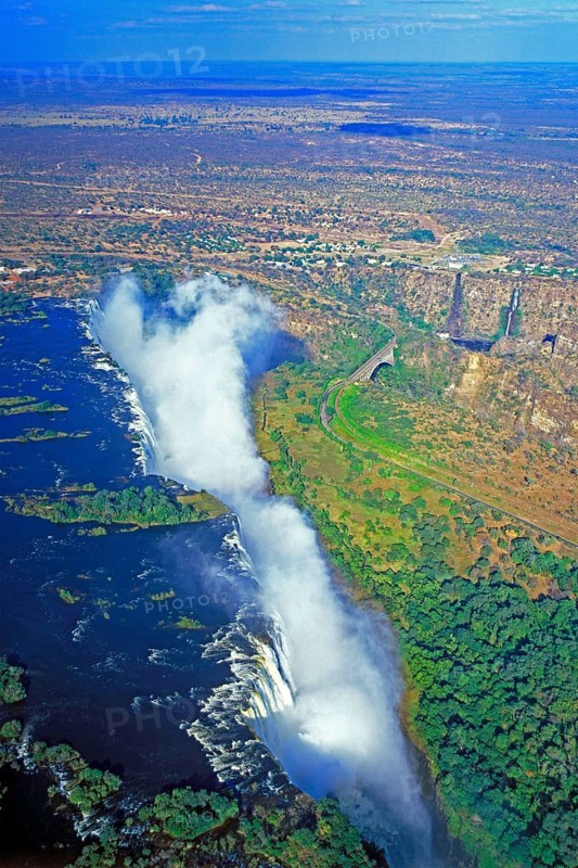 Aerial view, Victoria Falls, Zambezi, Zambezi Bridge, Zimbabwe, Africa, June 2000, vintage, retro, old, historic