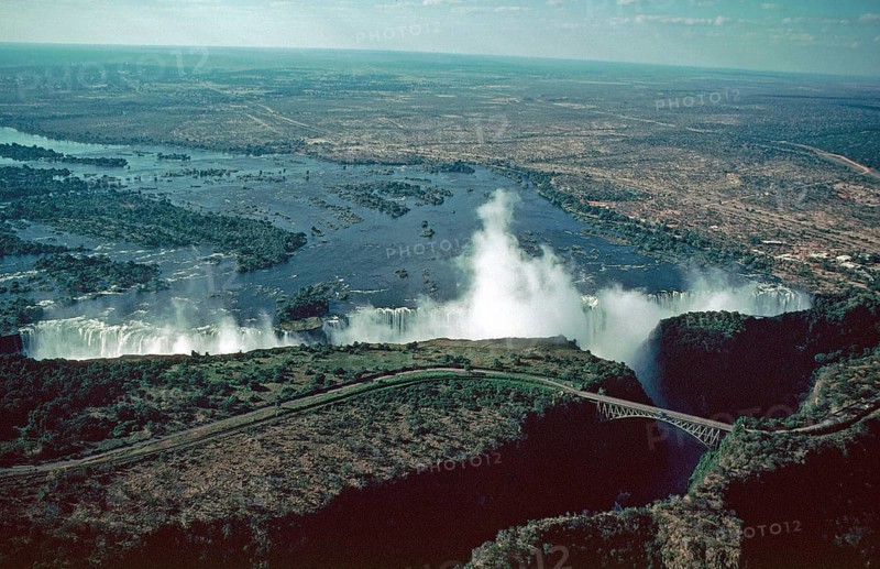 Aerial view, Victoria Falls, Zambezi, Zambezi Bridge, Zimbabwe, Africa, June 2000, vintage, retro, old, historic