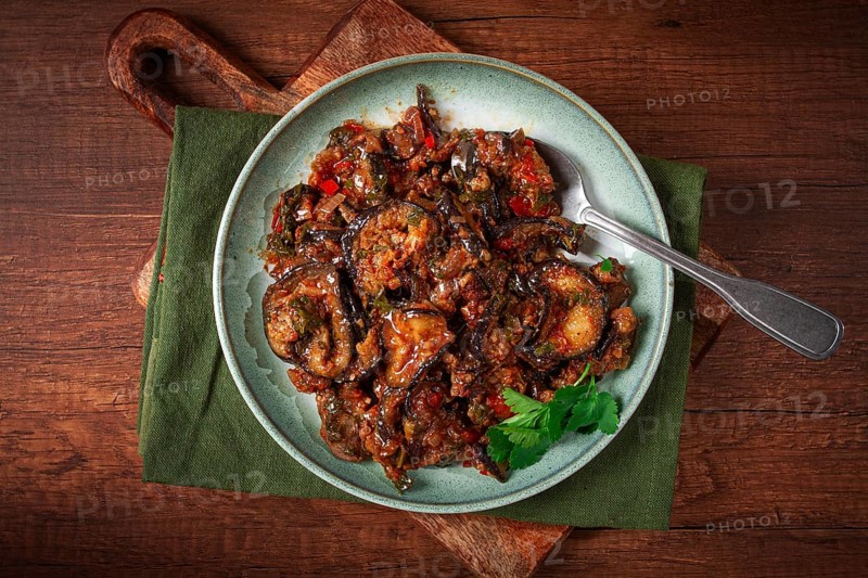 Meat with eggplant, Georgian dish, homemade, no people