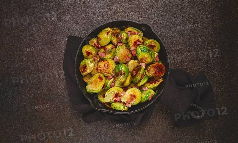 Roasted brussels sprouts, with bacon, vegetarian food, homemade, no people