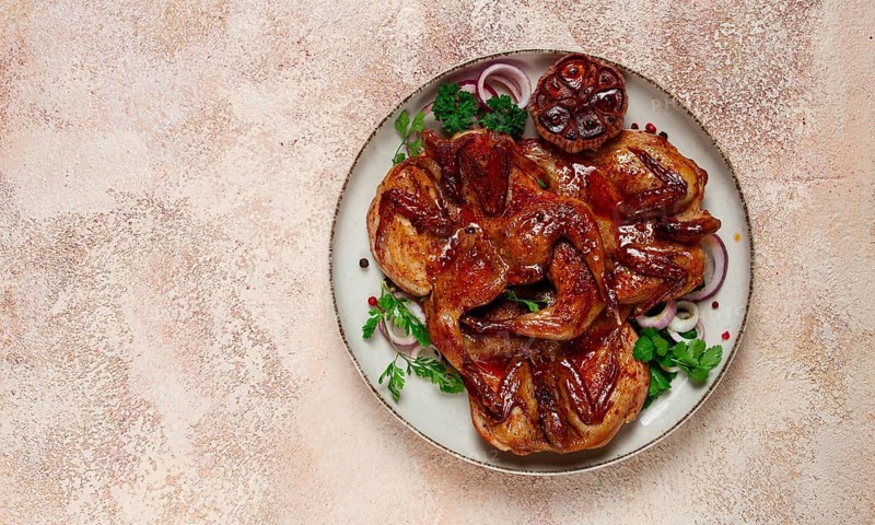 Fried, quail meat, tobacco (tapaka), with spices, homemade, no people