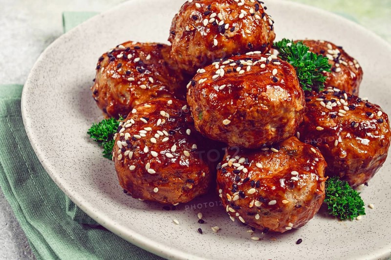 Tsukune, Japanese meatballs, minced chicken, fried on a skewer, with yakitori sauce, homemade, no people