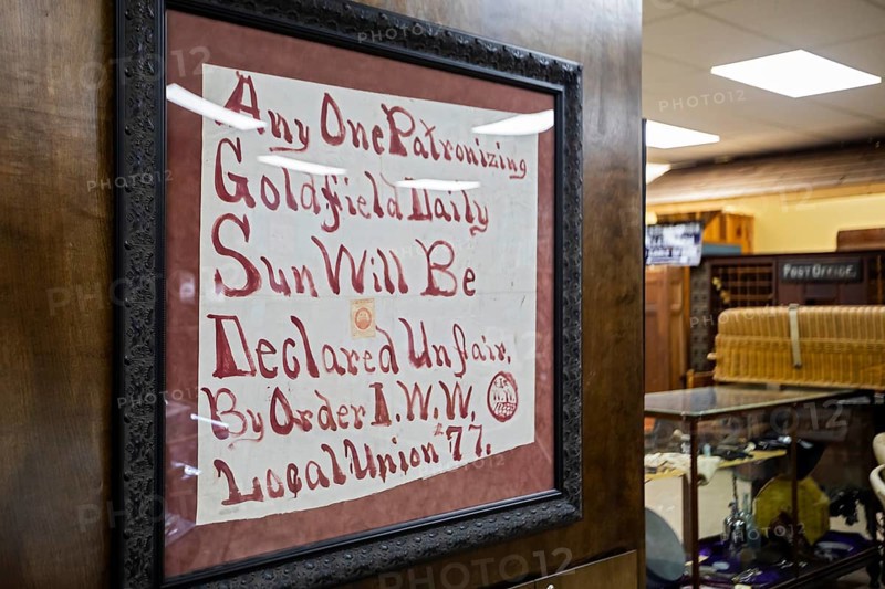 Tonopah, Nevada - The Central Nevada Museum. Museum exhibits explore the mining and ranching history of the area. A handmade sign on display remembers the Industrial Workers of the World, which fought for 'one big union' to represent all workers