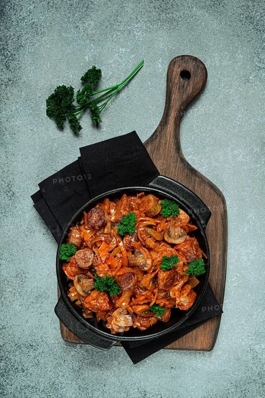 Bigos, bigus is a national Polish dish, made of cabbage and meat, stewed, homemade, no people