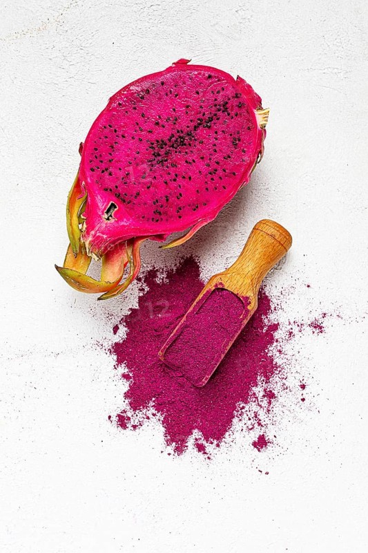 Pitaya powder, dragon fruit, freeze-dried powder, top view, no people