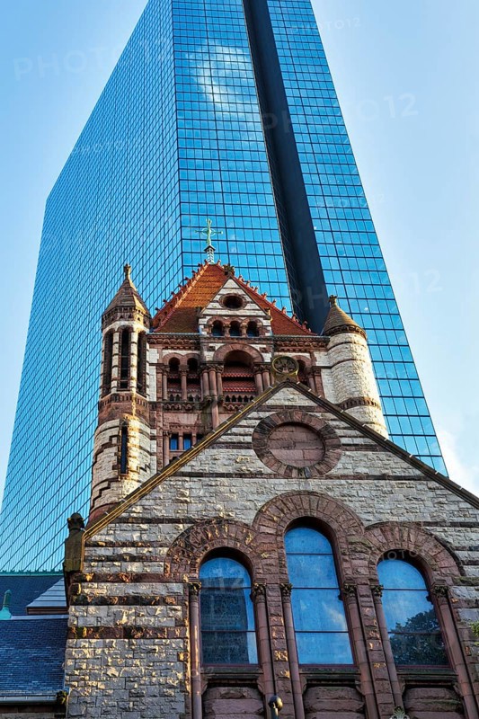 Trinity Church in front of glass façade, John Hancock Tower, various architectural styles on Copley Square, historic Back Bay district, Boston, Massachusetts, New England, USA