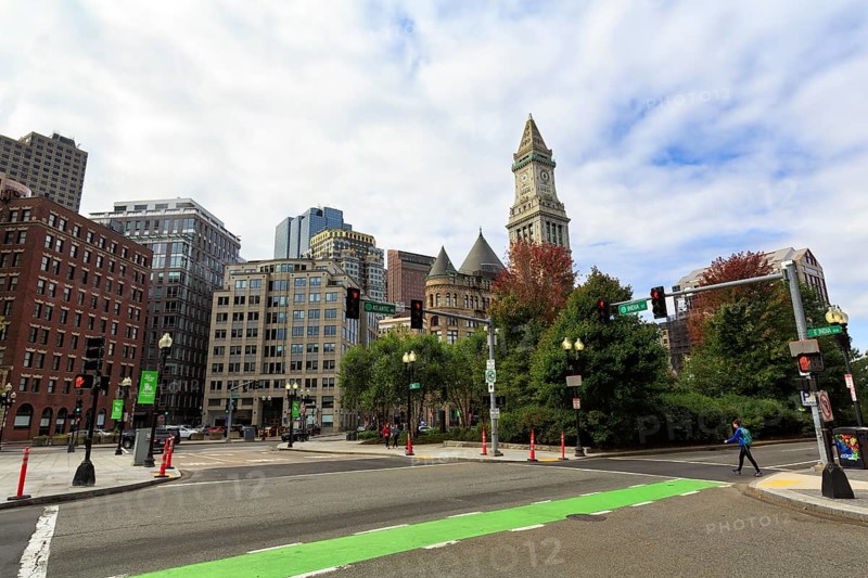 Government Center with Boston City Hall and Custom House Tower, Clock Tower, Passerby, Road Junction, Freedom Trail, Financial District, Downtown, Boston, Massachusetts, New England, USA