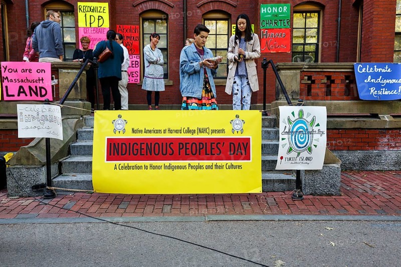 Posters, students at protest action, Indigenous Peoples' Day in October, history and culture, indigenous rights, Remembrance Day, Columbus Day, Harvard University, Cambridge, Greater Boston, Massachusetts, New England, USA