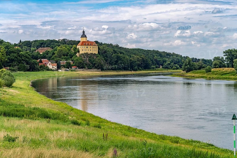 Hirschstein Castle or Neuhirschstein across the Elbe in Hirschstein, Saxony, Germany