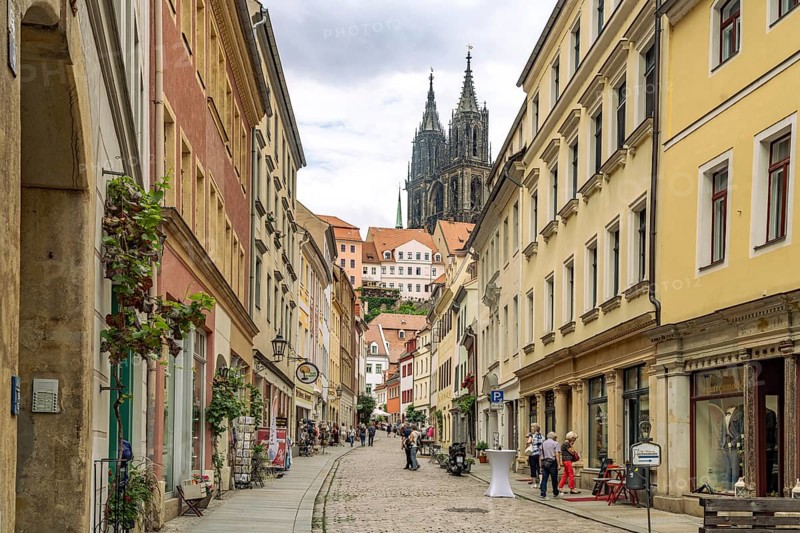 Burgstraße in the old town and cathedral in Meissen, Saxony, Germany