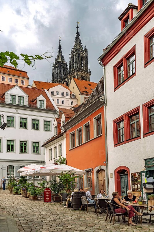 Burgstraßen restaurants in the old town and cathedral in Meissen, Saxony, Germany