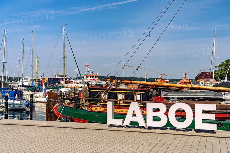 Laboe lettering on the port of Laboe, Schleswig-Holstein, Germany