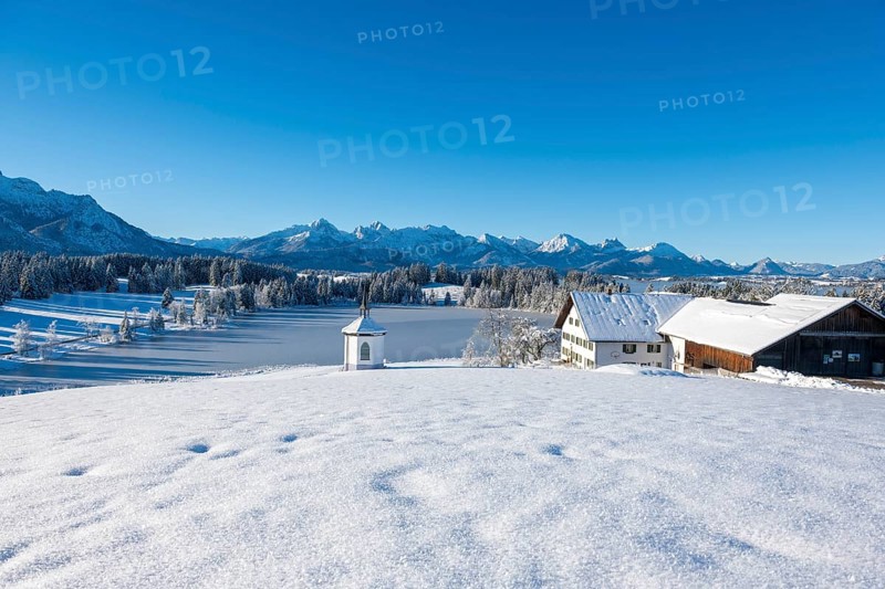 A winter landscape with farm and chapel in front of snowy mountains under a blue sky, Hegratsrieder See, near Füssen, Ostallgäu, Allgäu, Bavaria, Germany