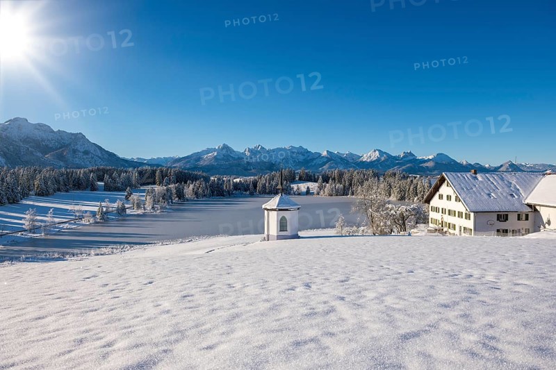 Snowy landscape with chapel, farmhouse and mountains under brilliant sunshine, Hegratsrieder See, near Füssen, Ostallgäu, Allgäu, Bavaria, Germany