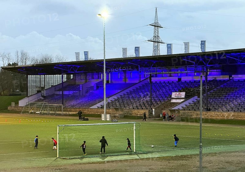 Youth training in the royal blue Glückauf Kampfbahn of FC Schalke 04, Gelsenkirchen, Ruhr area, North Rhine-Westphalia, Germany