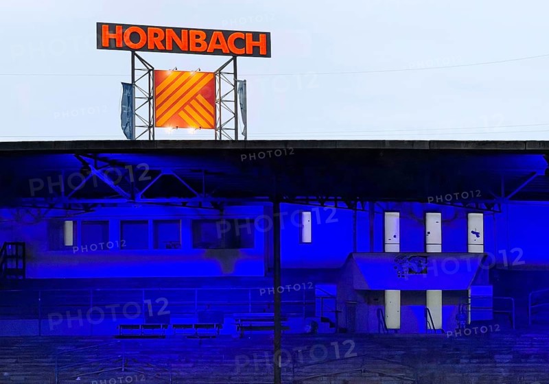 Hornbach sign above the Glückauf Kampfbahn of FC Schalke 04, Gelsenkirchen, Ruhr area, North Rhine-Westphalia, Germany
