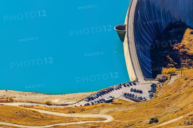 The dam and turquoise lake Lac de Moiry, Val d'Anniviers, Valais Alps, Canton of Valais, Switzerland