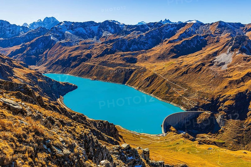 The dam and the turquoise Lac de Moiry reservoir, in the back the Pointe de Moiry mountains, Val d'Anniviers, Valais Alps, Canton of Valais, Switzerland