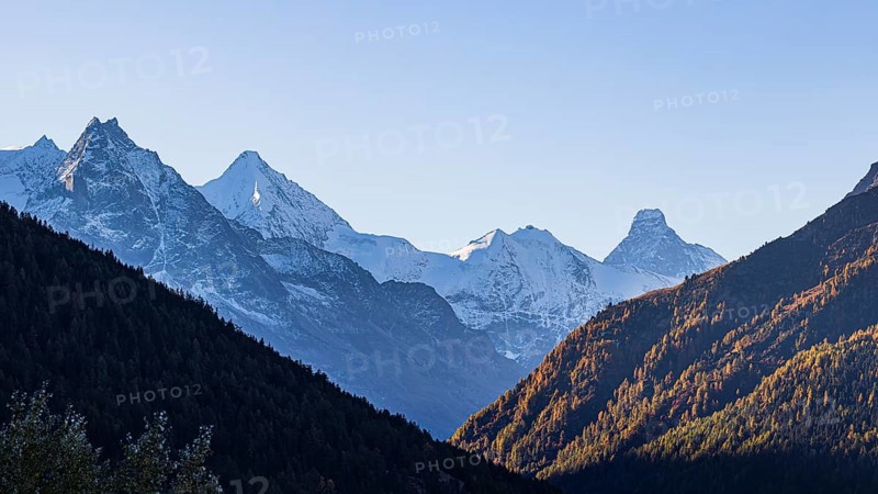 The snow-capped peaks of the Besso, Obergabelhorn and Matterhorn mountains, Val d'Anniviers, Valais Alps, Canton of Valais, Switzerland
