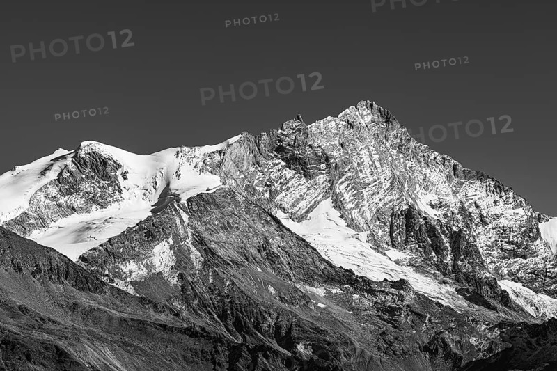Snowy peak of Weisshorn mountain, black and white photo, Val d'Anniviers, Valais Alps, Canton of Valais, Switzerland