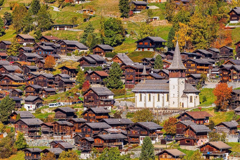 The mountain village of Ayer with autumn colors, Val d'Anniviers, Valais Alps, Canton of Valais, Switzerland