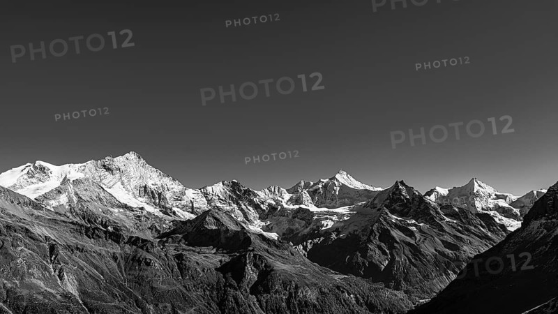 Snowy peaks of the Weisshorn, Schalihorn, Zinalrothorn, Besso and Obergabelhorn mountains, black and white photo, Val d'Anniviers, Valais Alps, Canton of Valais, Switzerland