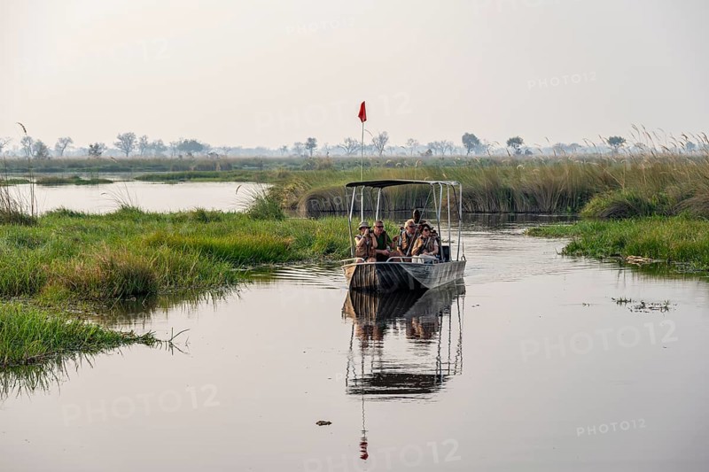 Safari by boat, tourists, Xakanaxa Lagoon, Okavango Delta, Moremi Game Reserve, Botswana