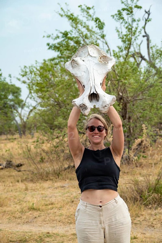 Woman holding a hippopotamus skull in the air, Botswana