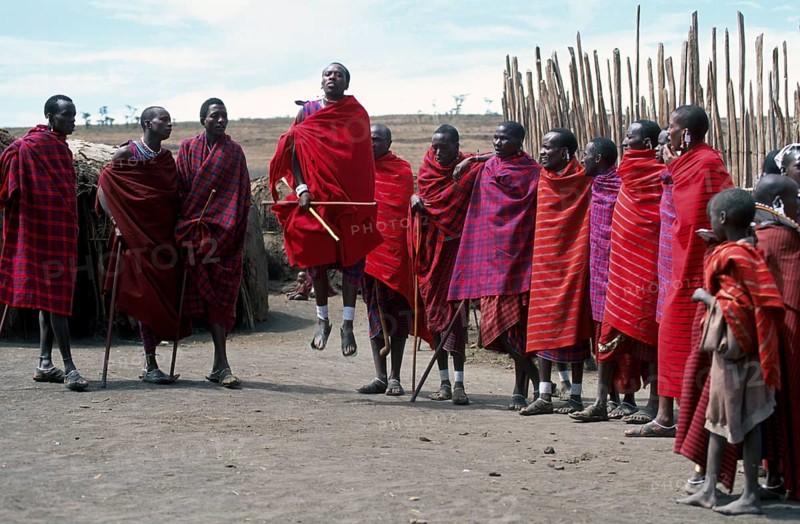 Maasai men showing traditional jumps, Ngorongoro Crater, Tanzania, Africa, June 2000, vintage, retro, old, historic