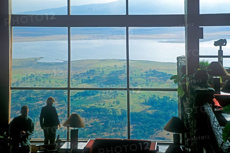View through the panoramic window of the Ngorongoro Wildlife Lodge towards the Ngorongoro Crater, Tanzania, Africa, June 2000, vintage, retro, old, historic