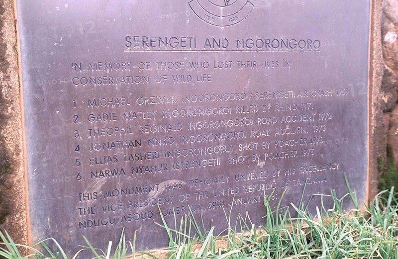 Memorial plaque for Michael Grzimek and others on the edge of the Ngorongoro crater, Tanzania, Africa, June 2000, vintage, retro, old, historic
